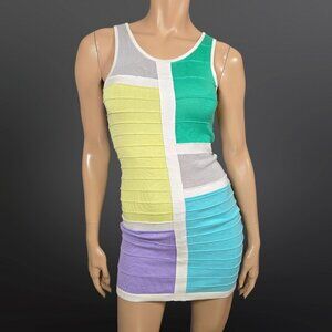 Y2K Colorblock Knit Bodycon Mini Dress Size S Colorful Sleeveless Yellow White